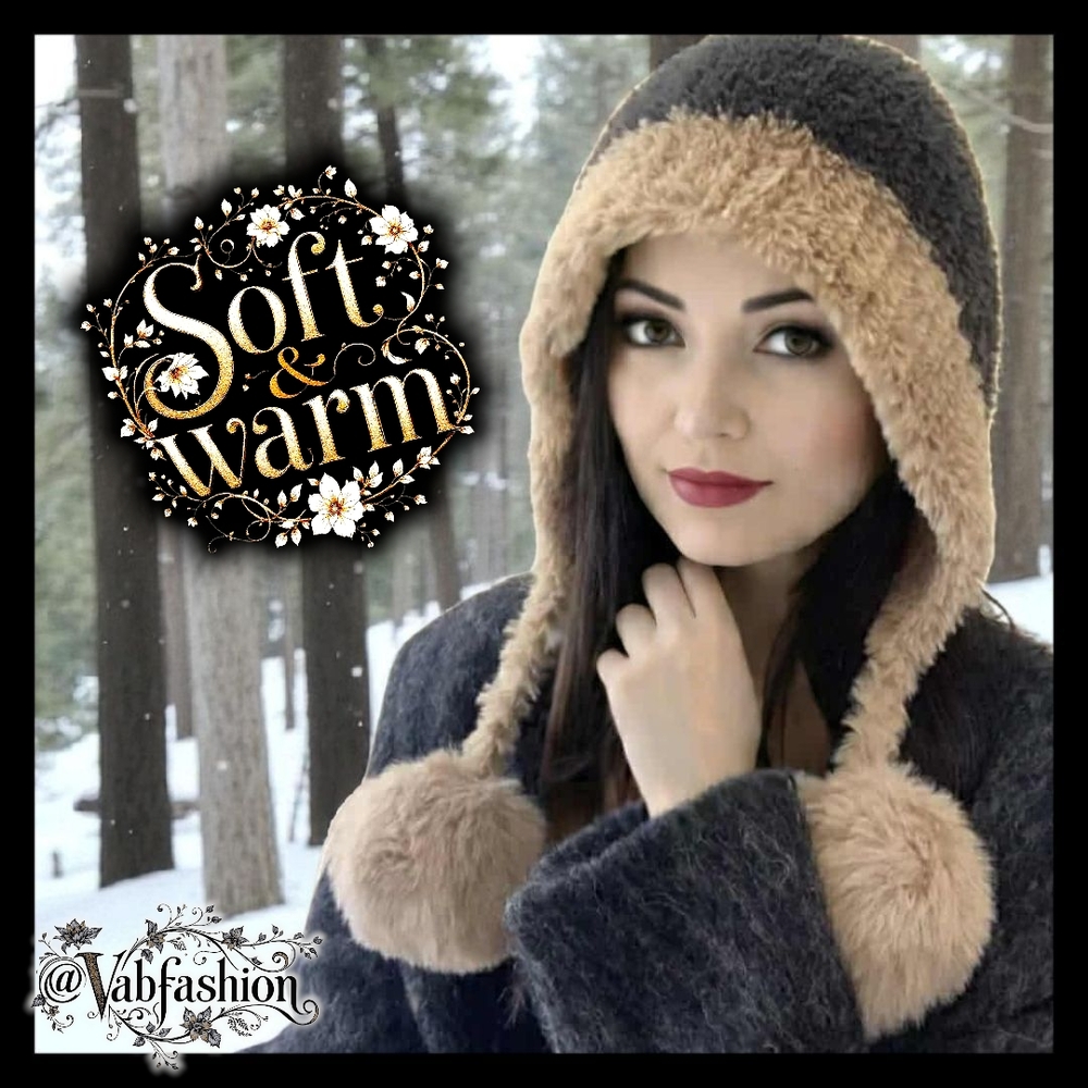 Cozy & Chic Two-Tone Gray Faux Fur Pom Pom Trapper Hat -Winter Warmth & Style!